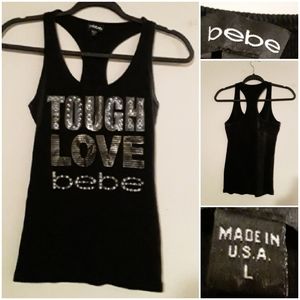 Bebe Womens Large Black Sporty Tank Top "Tough Love Bebe" in Silver Shiny Print